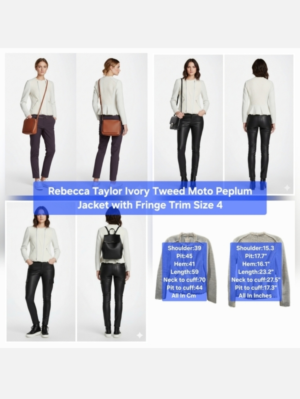 Rebecca Taylor Ivory Tweed Moto Peplum Jacket with Fringe Trim Size 4